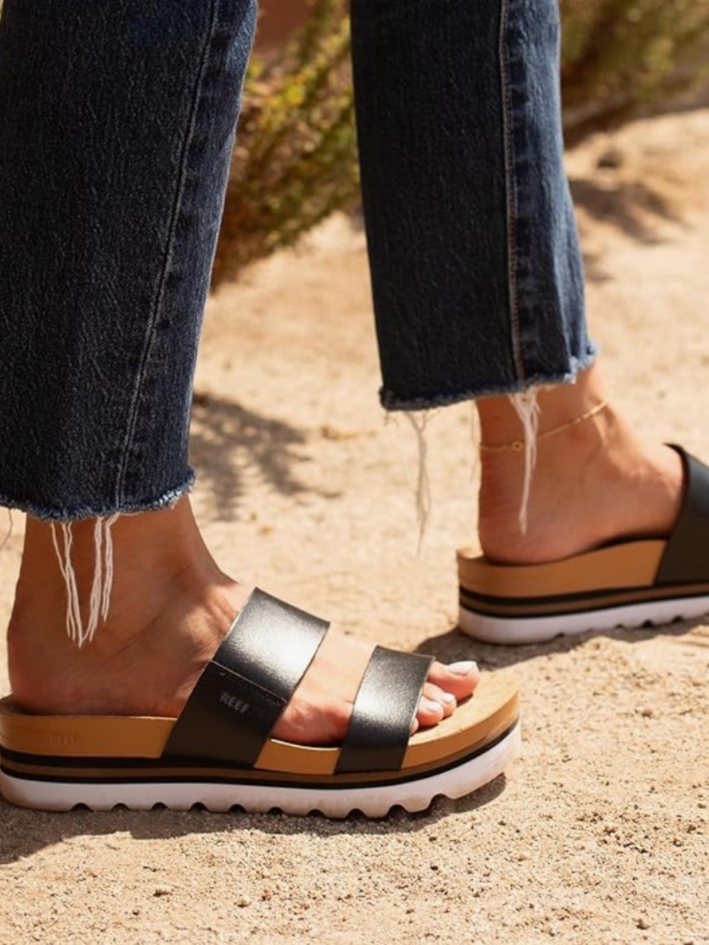 Reef Women’s Black Dual-Strap Cork Slide Sandals with White Outsole,cushion soul - Picture 6 of 11